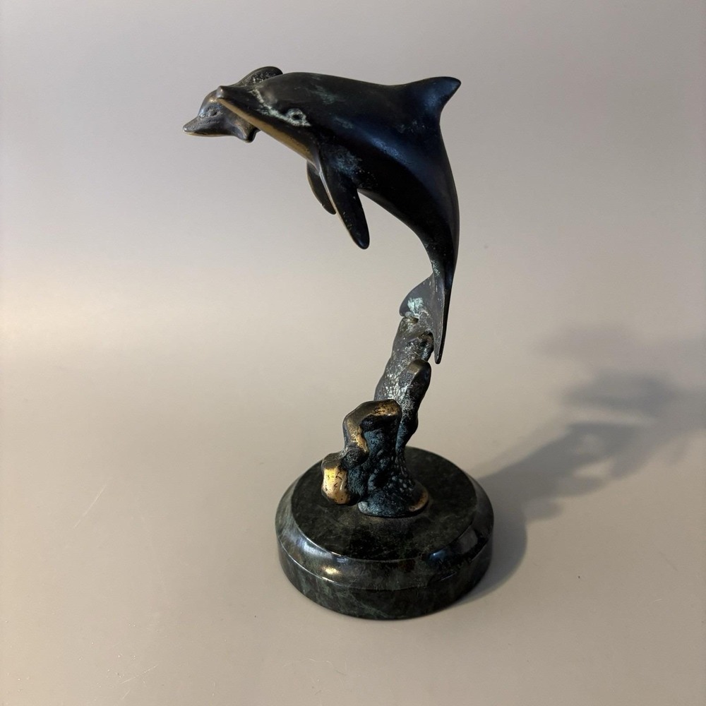 Vintage Verdigris Brass Dolphins Statue Verdigris Marble Base 6" Mother Baby